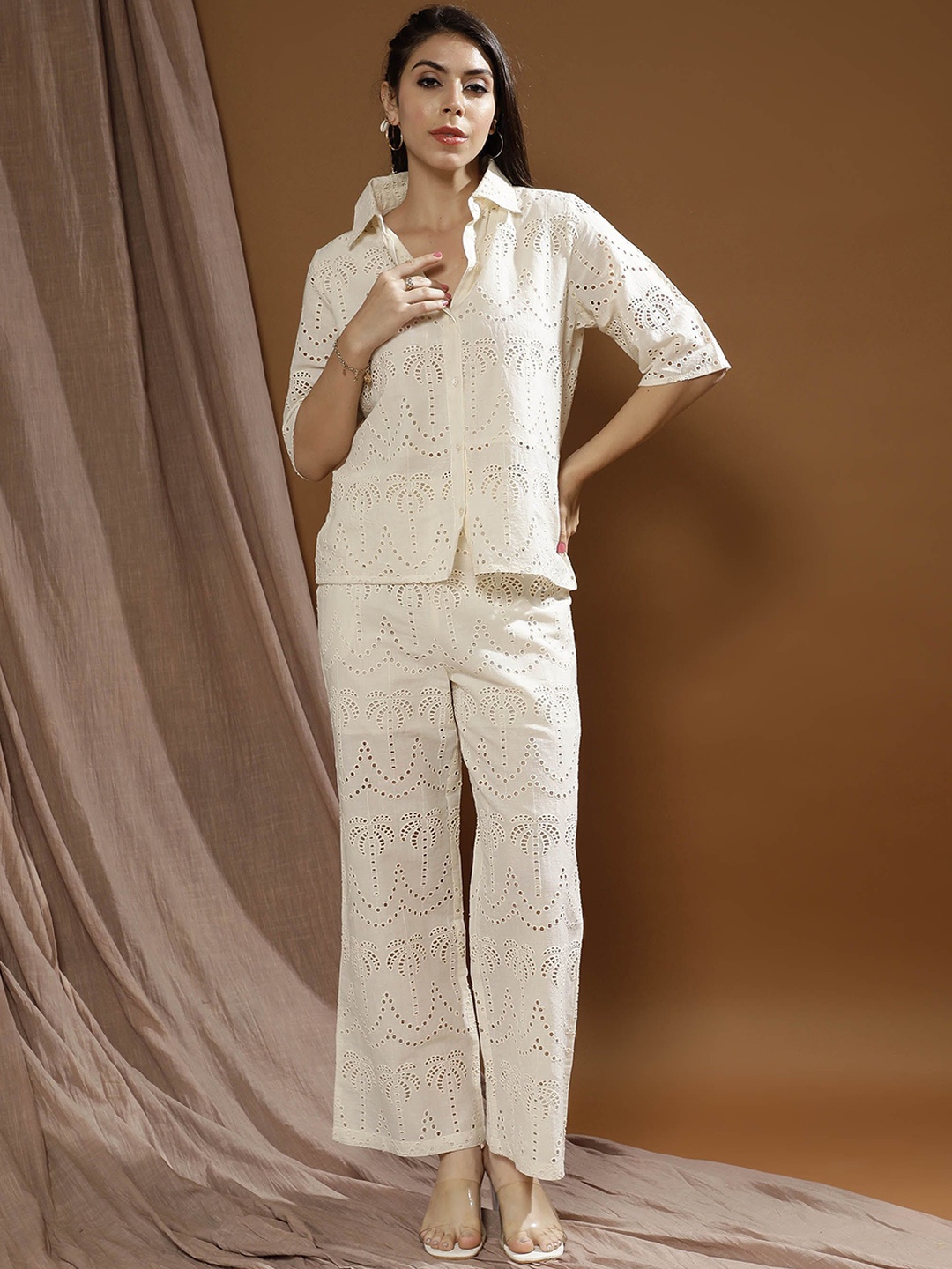 

Boho By Athena Self Design Pure Cotton Shirt With Trousers, Cream