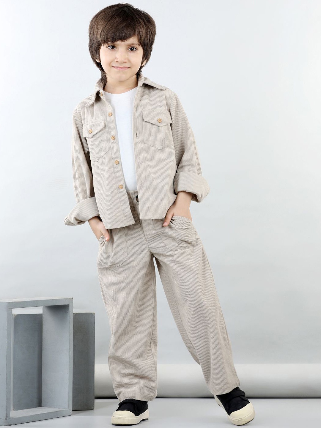 

AWW HUNNIE Boys Coudroy T-shirt and Shirt With Trousers, Beige