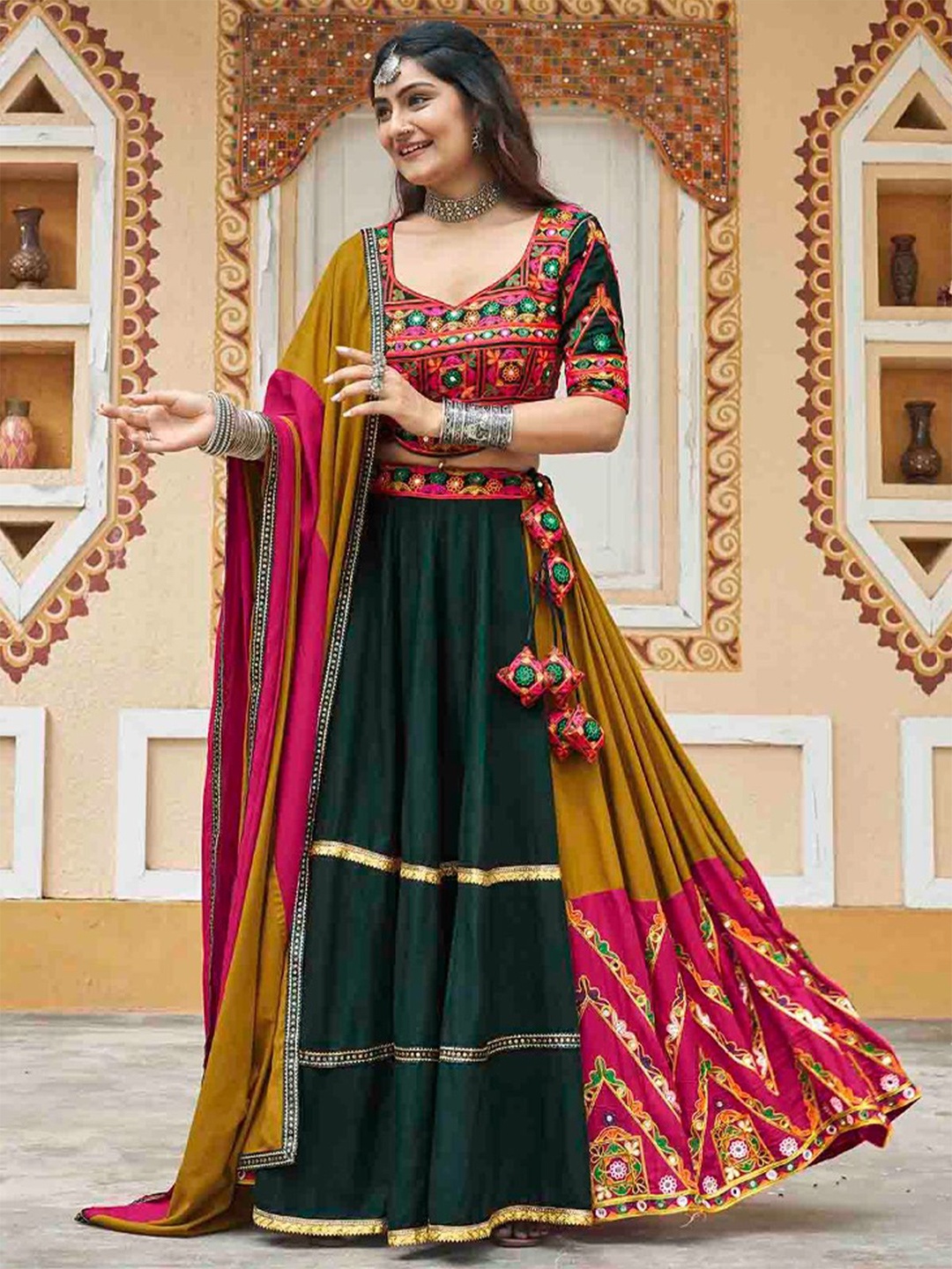 

ODETTE Embroidered Thread Work Ready to Wear Lehenga & Blouse With Dupatta, Black