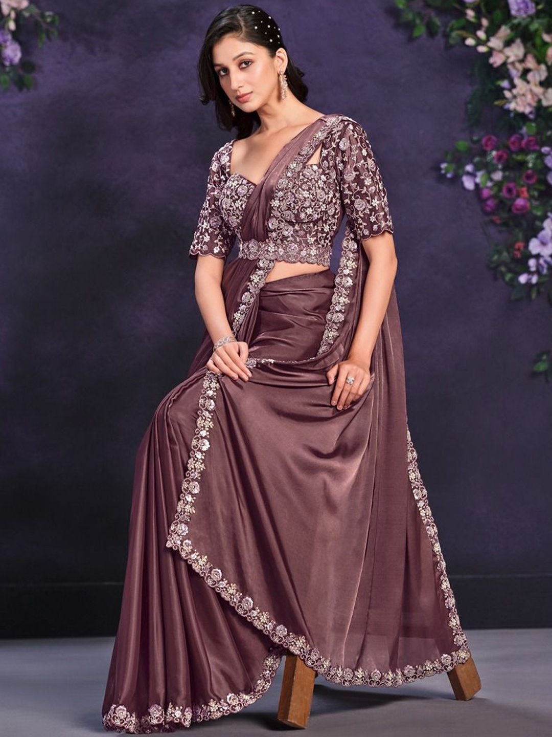 

Nimayaa Sequinned Satin Ready to Wear Saree, Brown