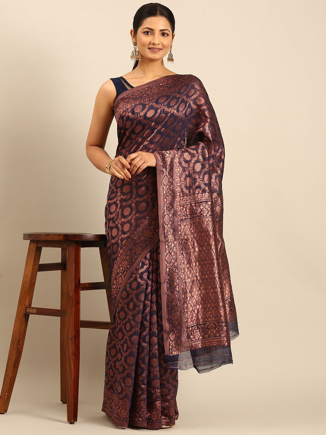 

Fashion Petals ethnic motifs woven design Zari Saree, Navy blue