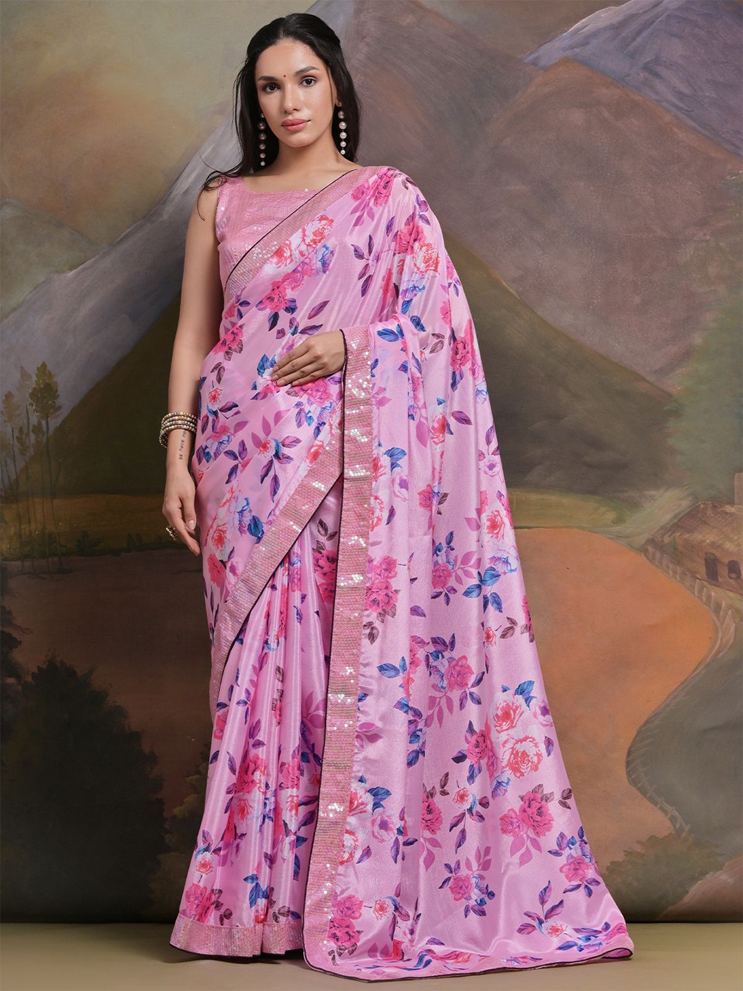 

ODETTE Sequinned Poly Chiffon Saree, Pink