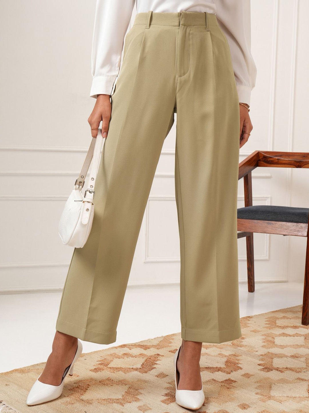 

Tokyo Talkies Women Straight Fit Pleated Trousers, Beige
