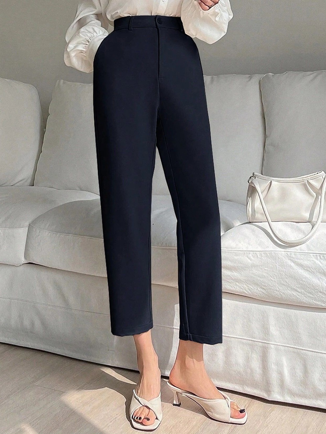 

FNOCKS Women Solid Tailored Straight Fit High-Rise Formal Trousers, Navy blue
