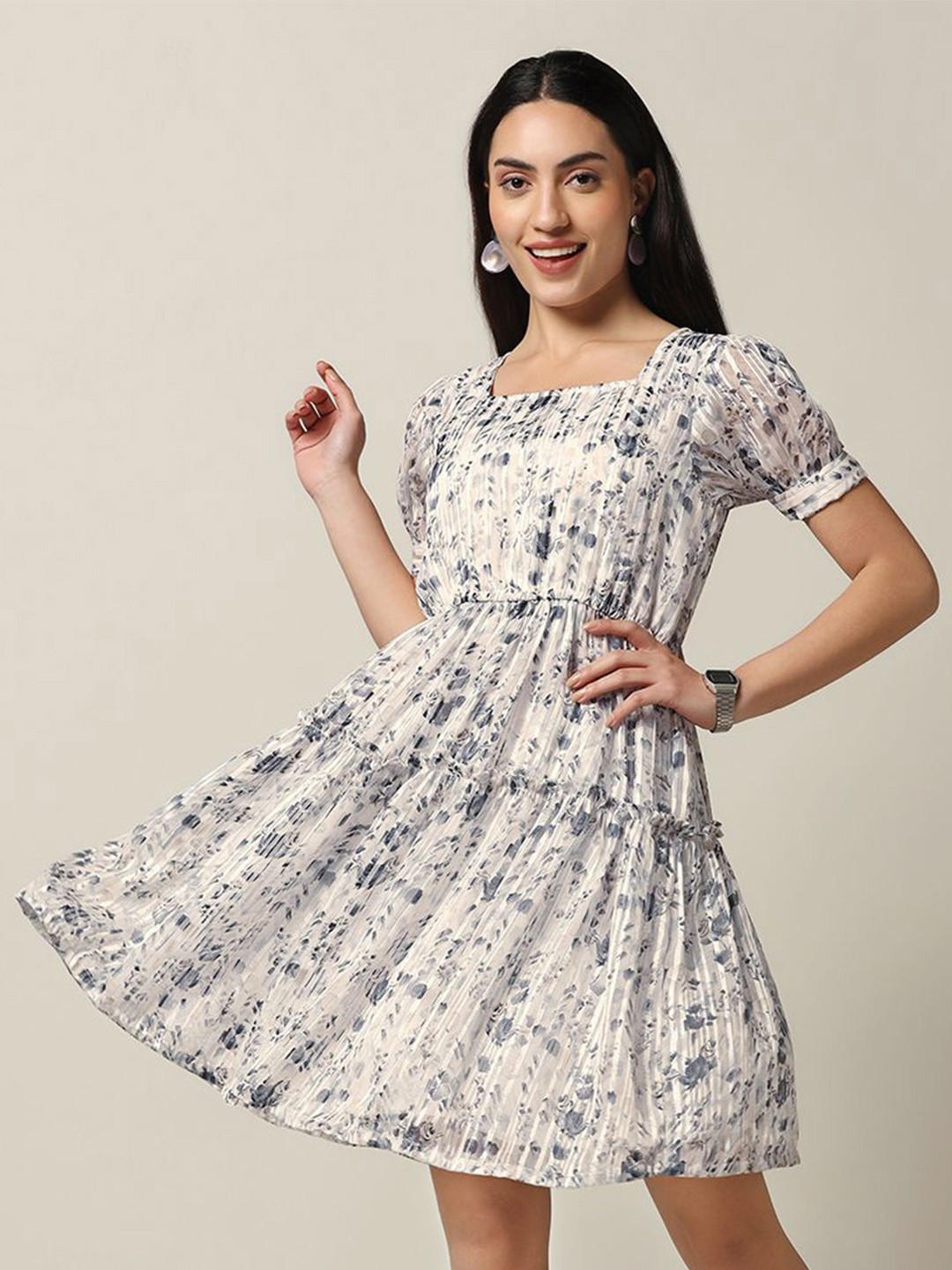 

BAESD Floral Print Puff Sleeve Georgette Fit & Flare Dress, White