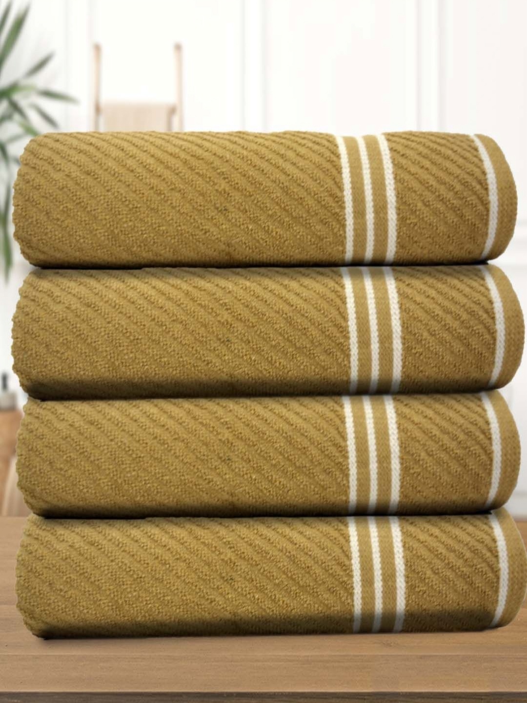 

Aura Athom Living Beige & White 4 Pieces Striped 400 GSM Bath Towel
