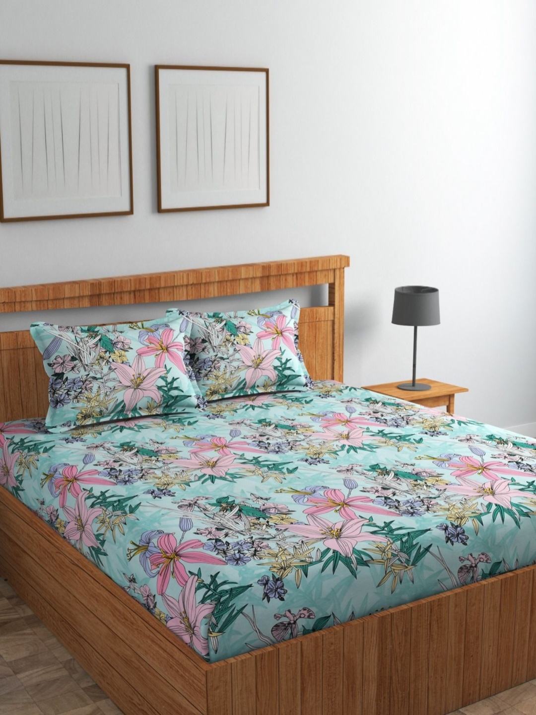 

CHHILAKIYA Teal Green & Pink Floral Printed Cotton 210 TC King Bedsheet & 2 Pillow Covers