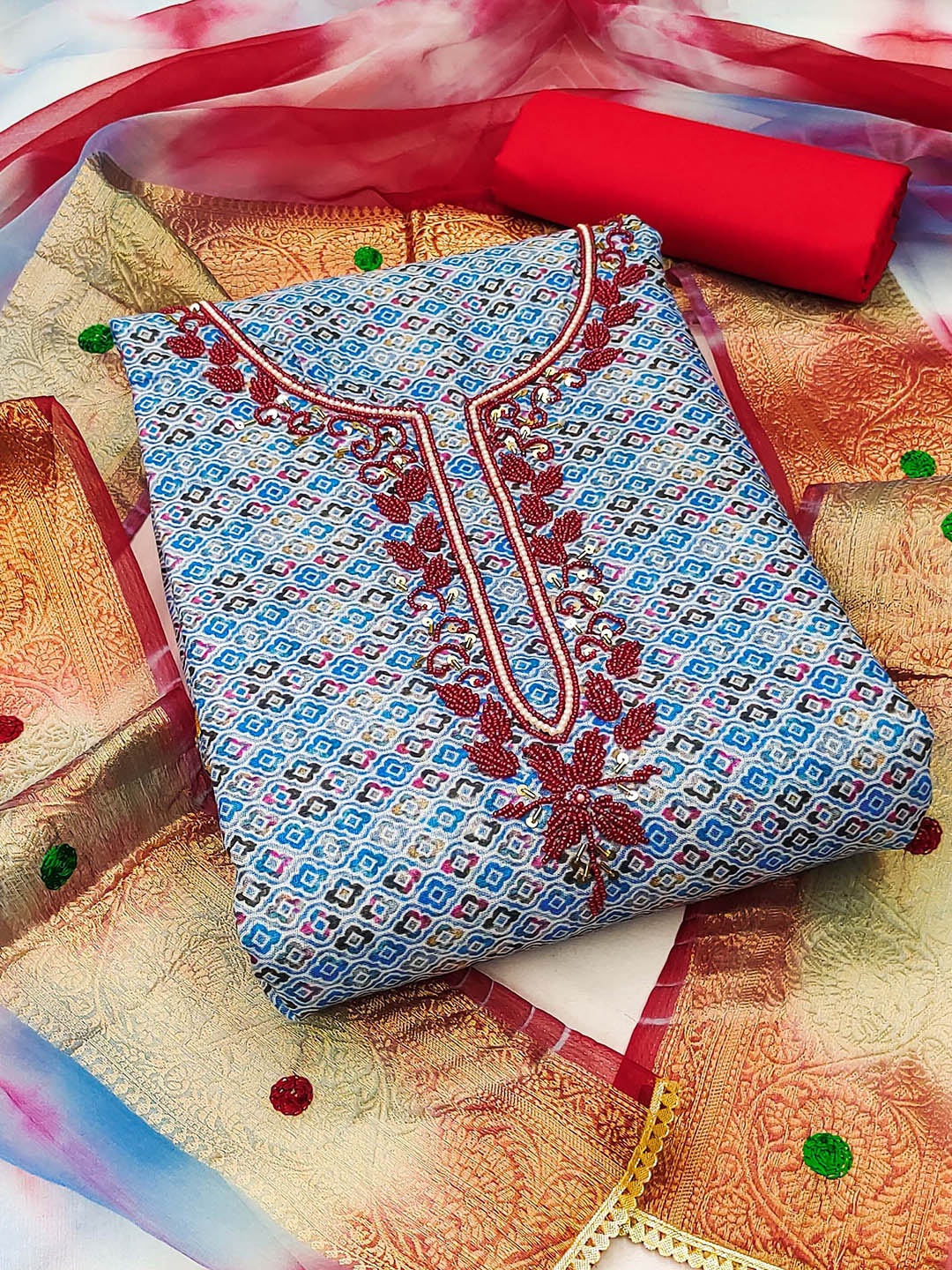 

KIMISHA Floral Printed Beads and Stones Unstitched Dress Material, Blue