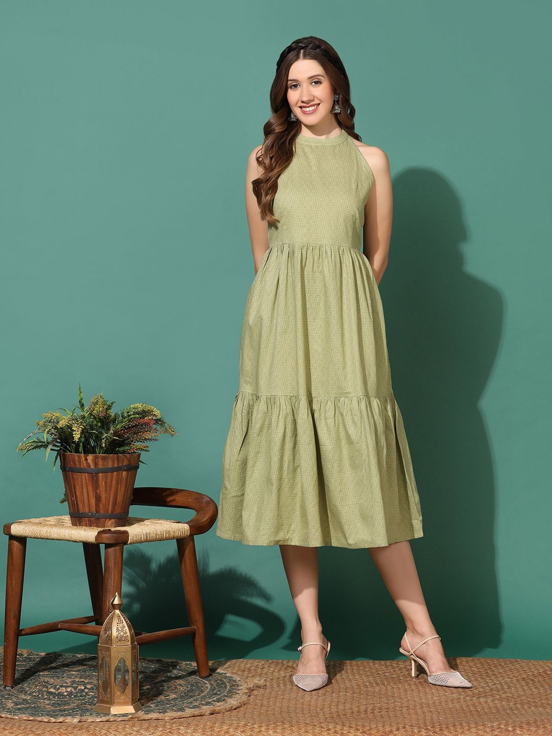 

BAESD Printed Halter Neck Fit & Flare Midi Dress, Olive
