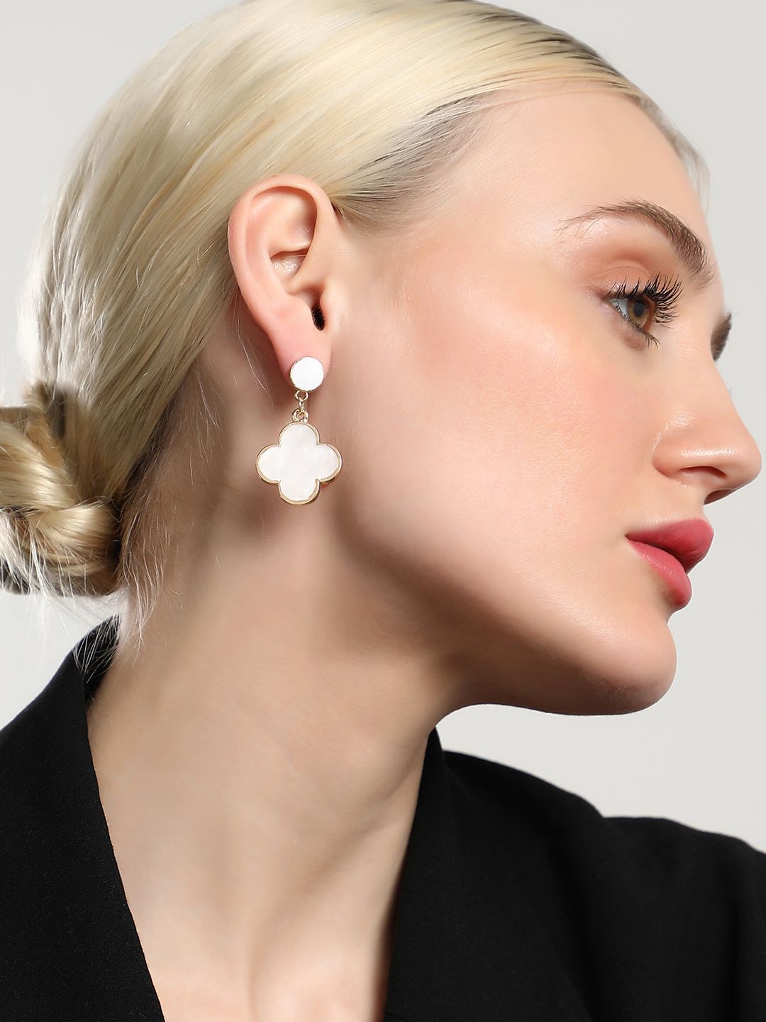 

SOHI The Clover Gold Plated Contemporary Drop Earrings, White