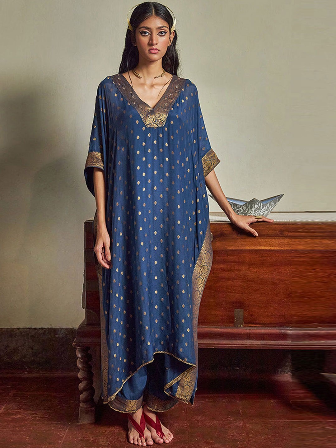 

Ganga Ethnic Motifs Woven Design Zari Raw Silk Kaftan Kurta with Trousers, Blue