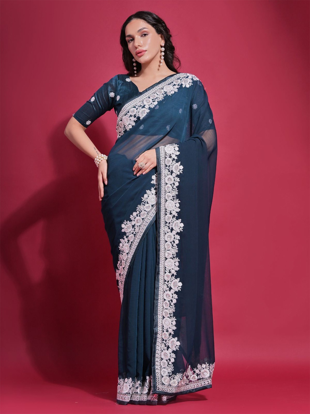 

ODETTE Embroidered Poly Georgette Saree, Teal