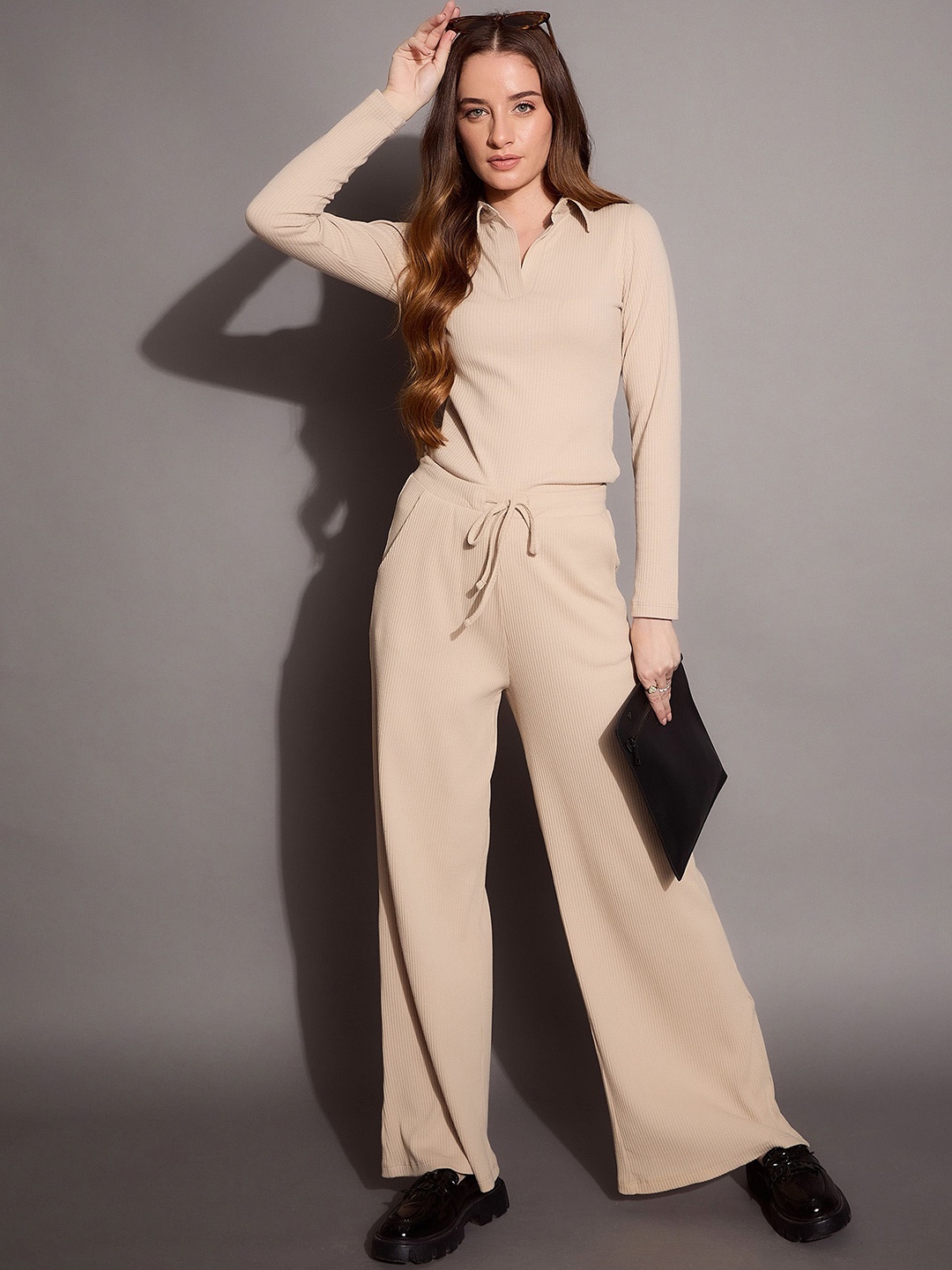 

SASSAFRAS BASICS Polo Collar Top With Trousers, Beige
