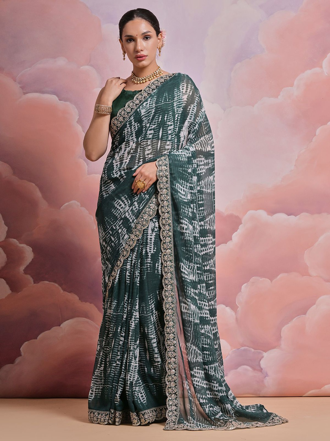 

ODETTE Sequinned Tie and Dye Saree, Olive