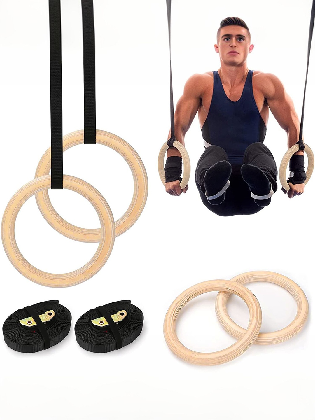 

STRAUSS Pack Of 2 Wooden Gymnastics Ring Workout Accessories, Beige