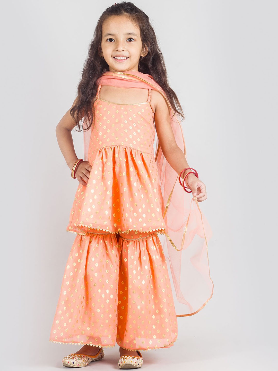 

Tangerine Closet Girls Ethnic Motifs Printed Anarkali Kurti with Sharara & Dupatta, Peach