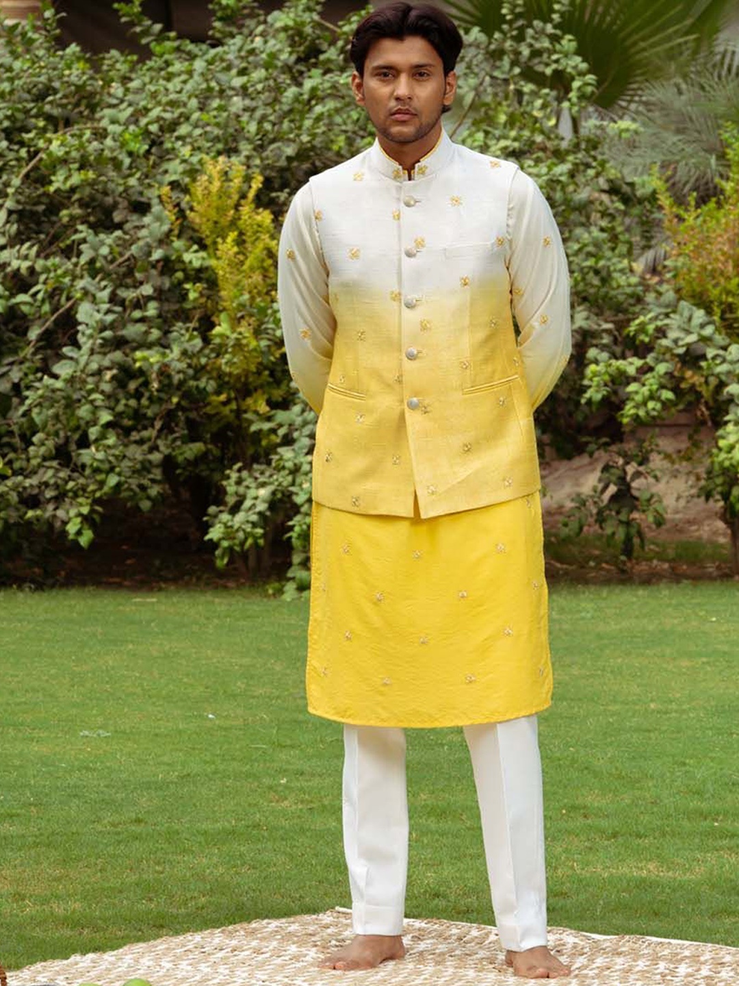 

Ayush Jain Embroidered Woven Nehru Jacket, Yellow