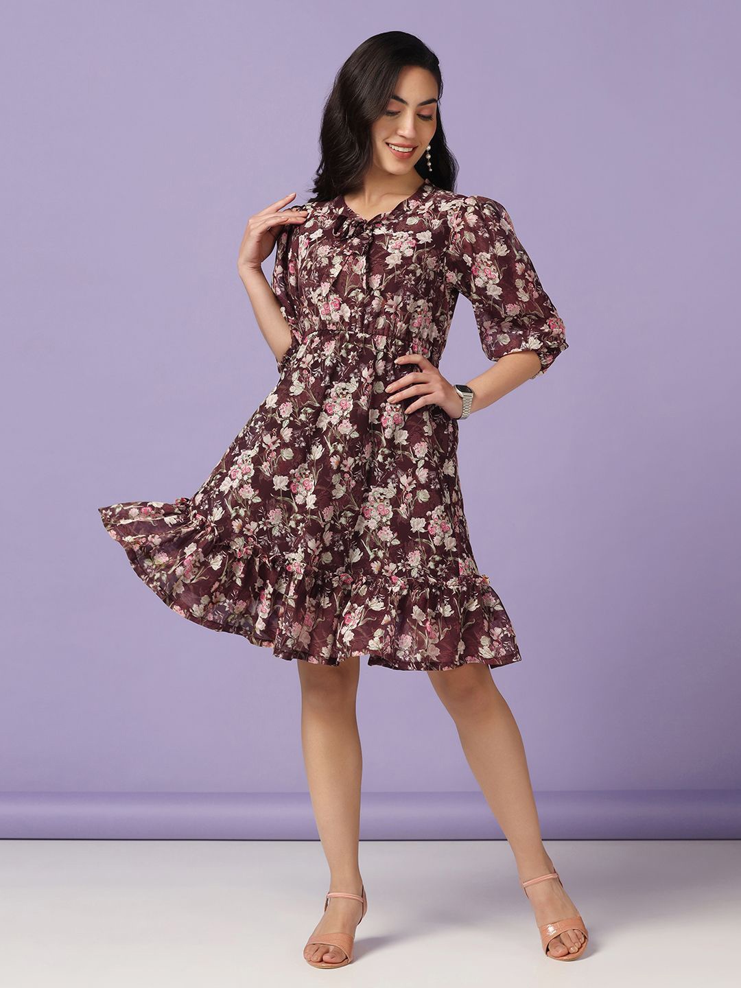 

BAESD Floral Print Tie-Up Neck Puff Sleeve Georgette Fit & Flare Dress, Brown