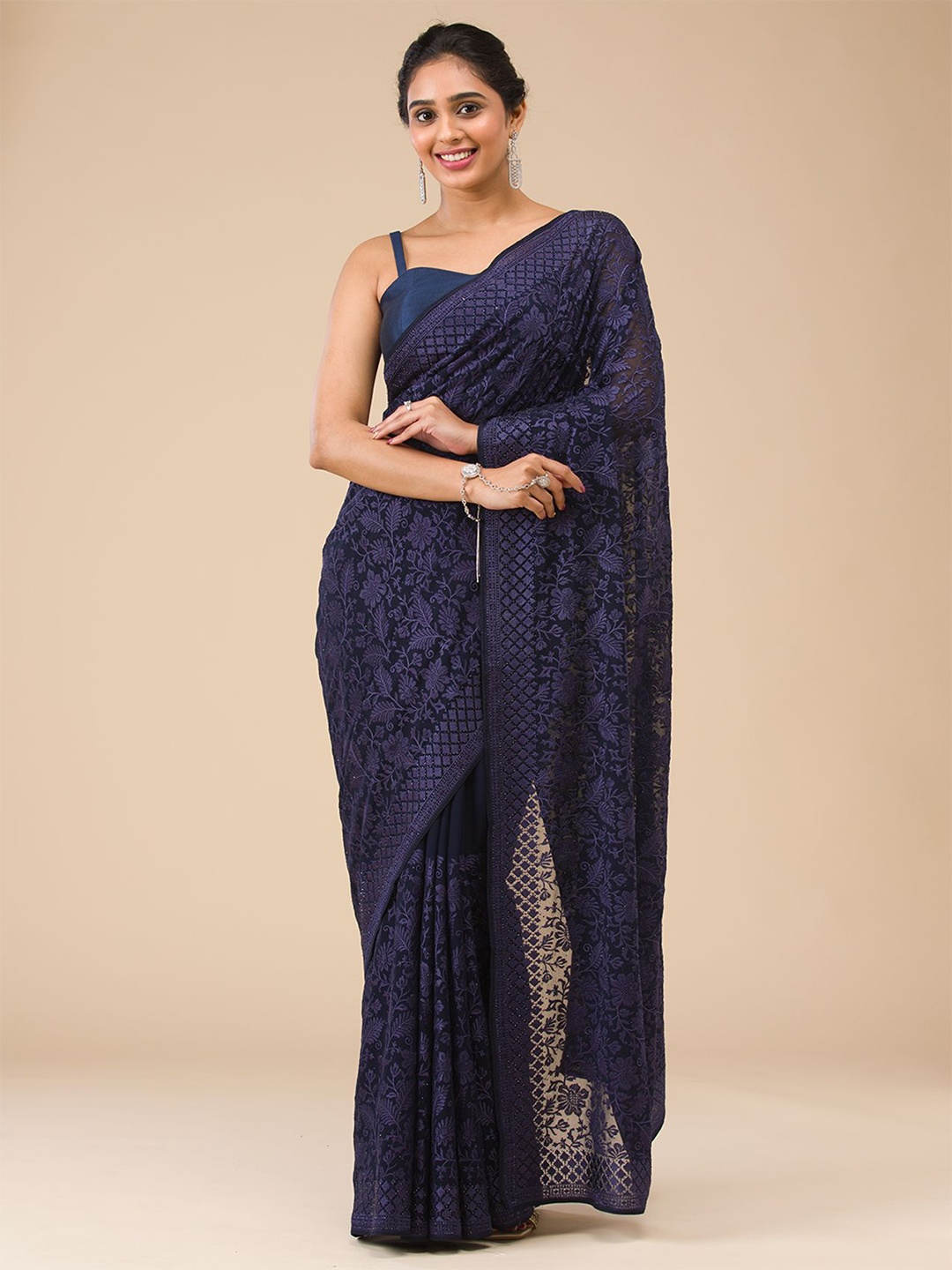 

Koskii Floral Beads and Stones Pure Georgette Saree, Navy blue