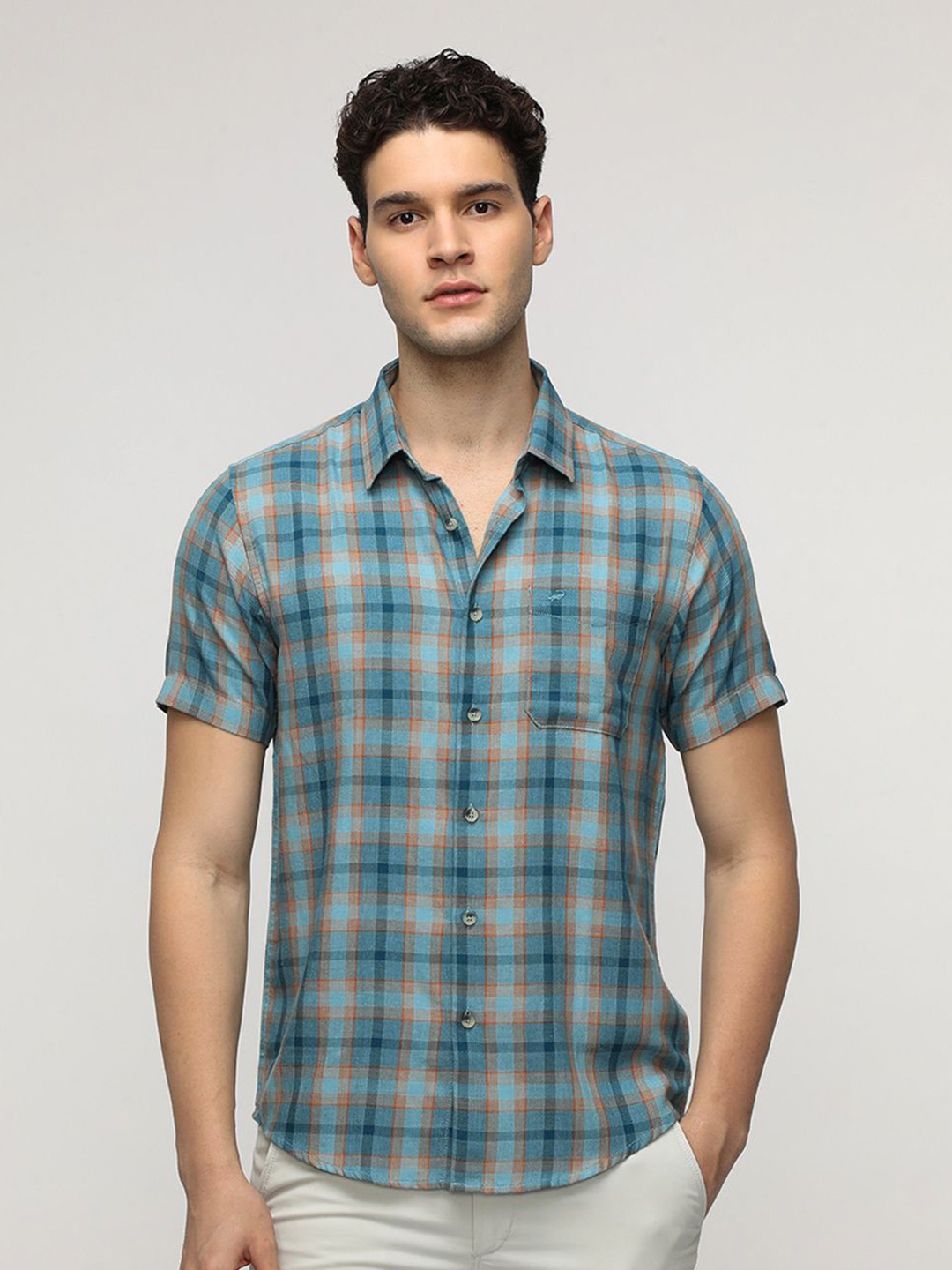 

Crocodile Men Comfort Spread Collar Tartan Checked Cotton Casual Shirt, Blue