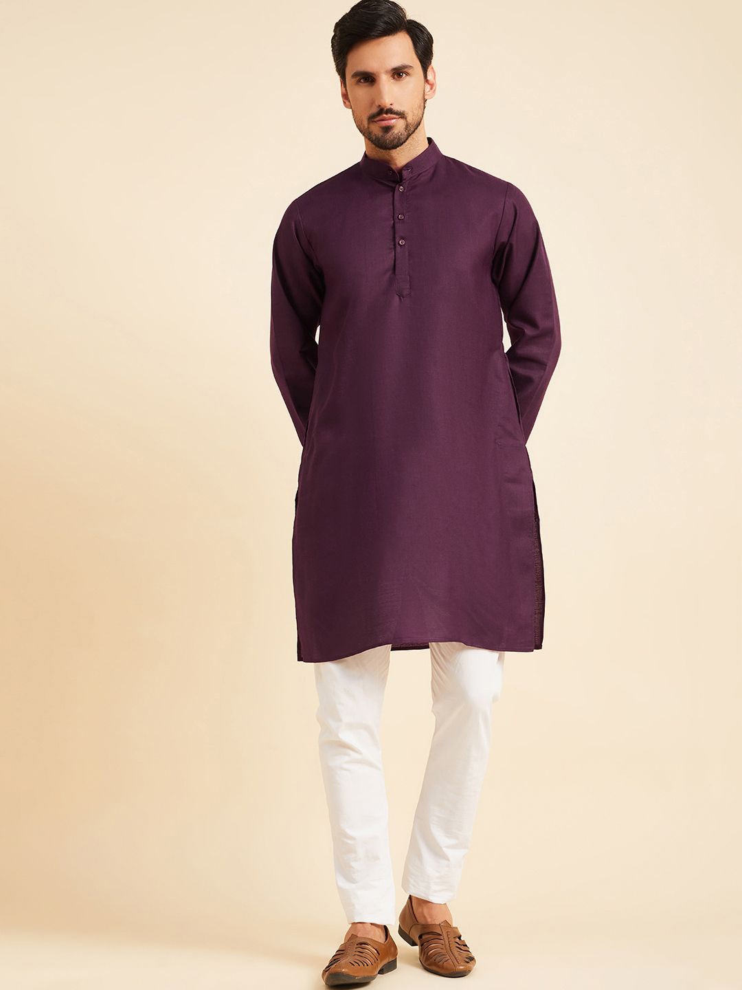 

HERE&NOW Ethnic Solid Mandrain Collar Long Regular Sleeves Cotton Kurta & Trouser, Purple