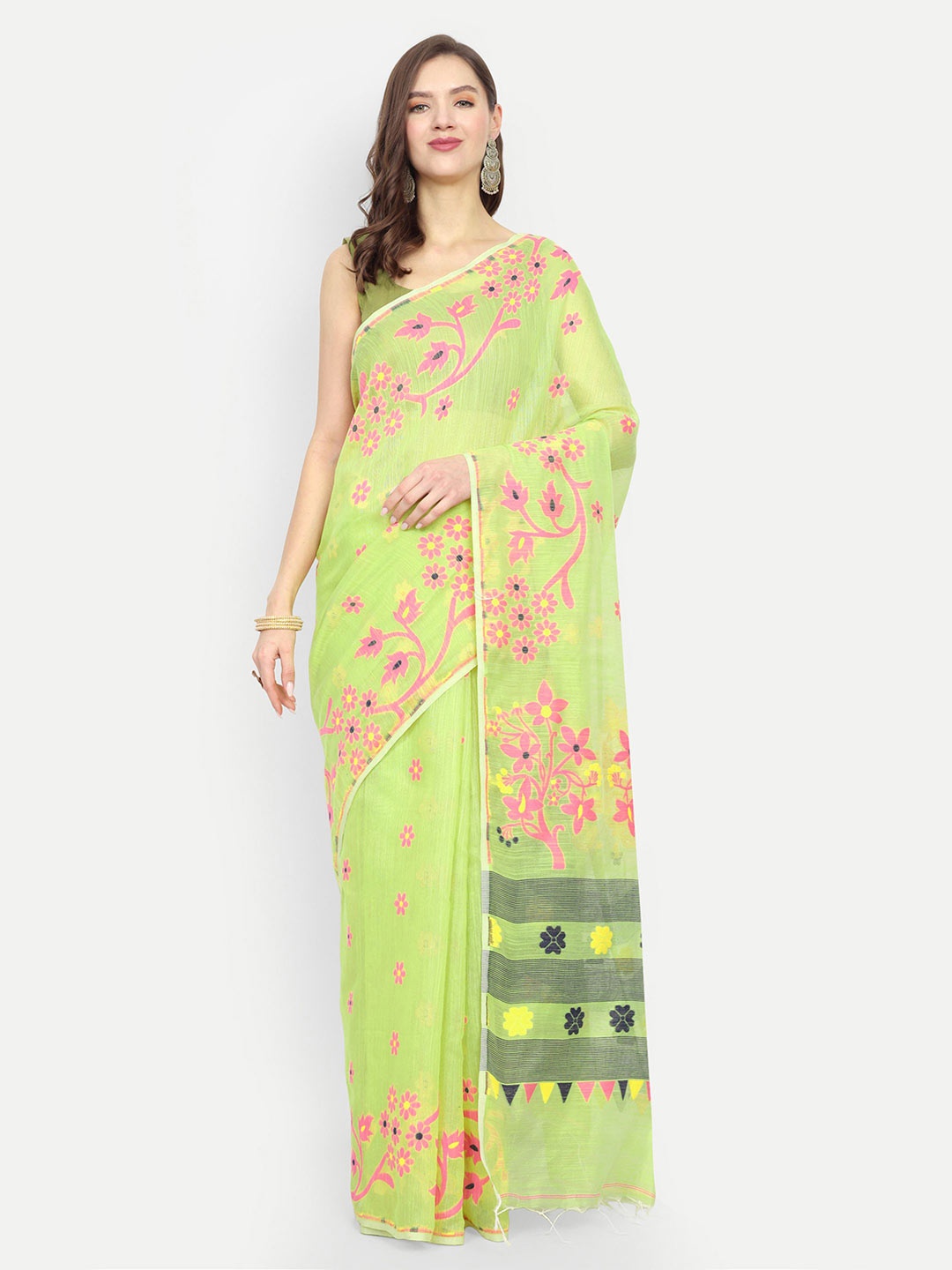 

BENGAL HANDLOOM Ethnic Motifs Taant Saree, Green