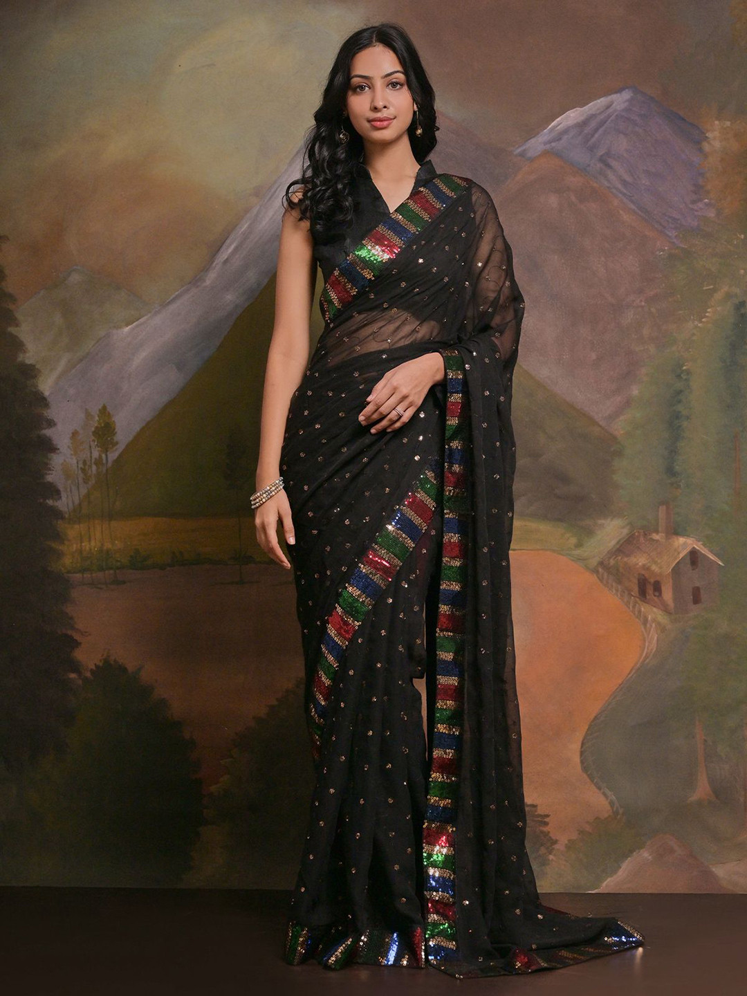

ODETTE Embellished Sequinned Saree, Black