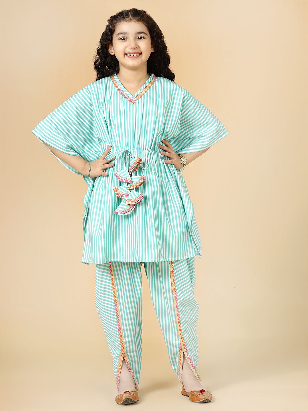 

A.T.U.N. Girls Striped Kaftan Kurta With Dhoti Pant, Green