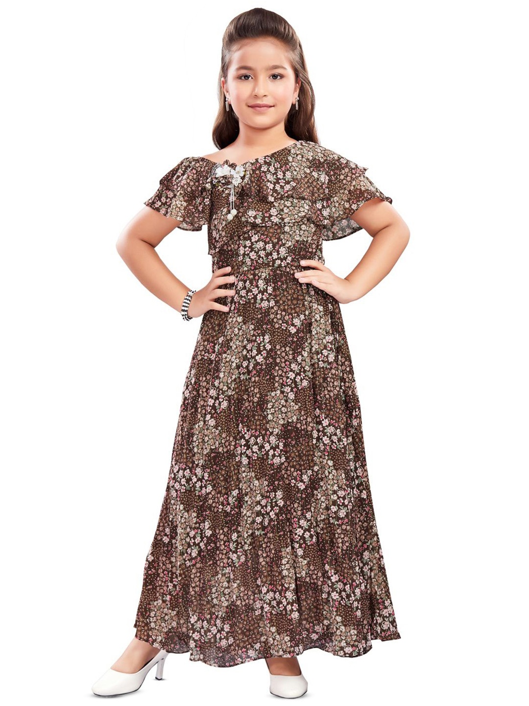

Lei-Chie Floral Printed Flutter Sleeve Georgette Maxi Dress, Brown