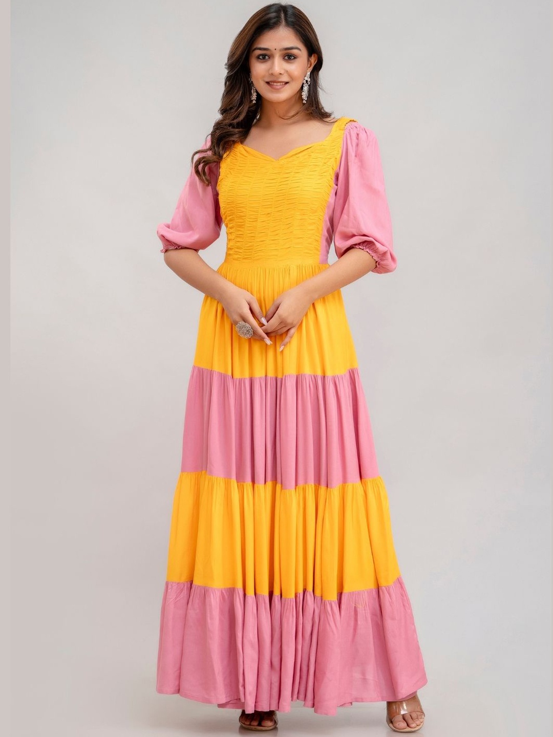 

Jaipurite Colorblocked Puff Sleeves Maxi Dress, Pink