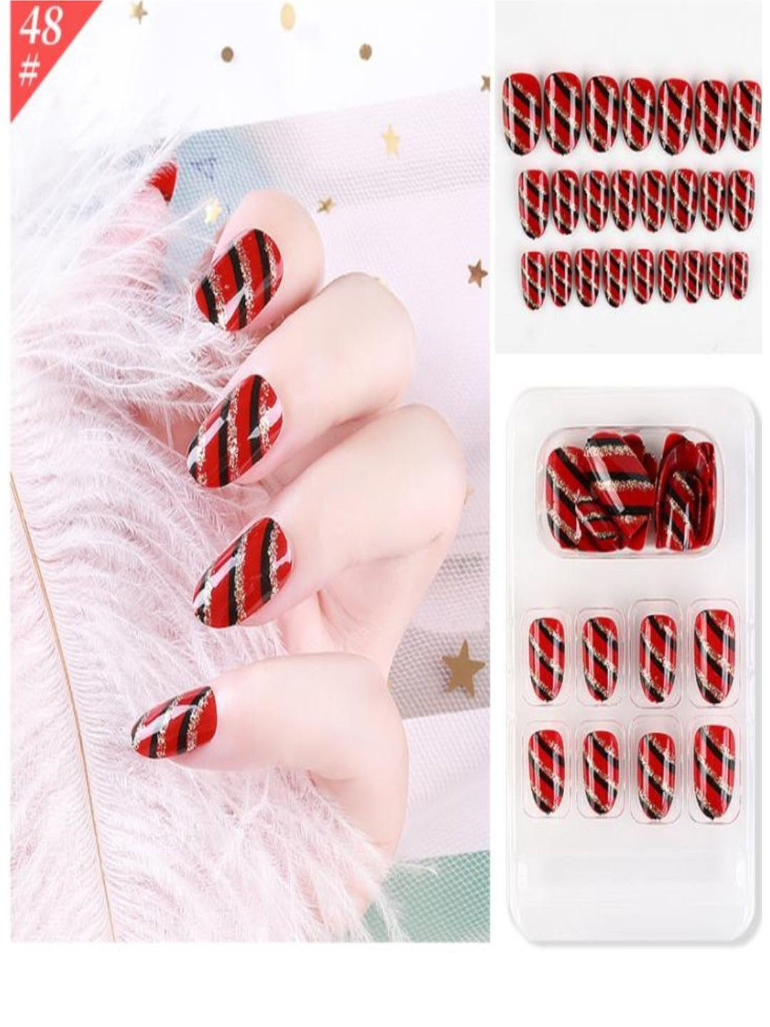 

Coslifestore 48-Pcs Press On Nails Ready To Use Acrylic Gel Nail - Black Red Gold Stripes