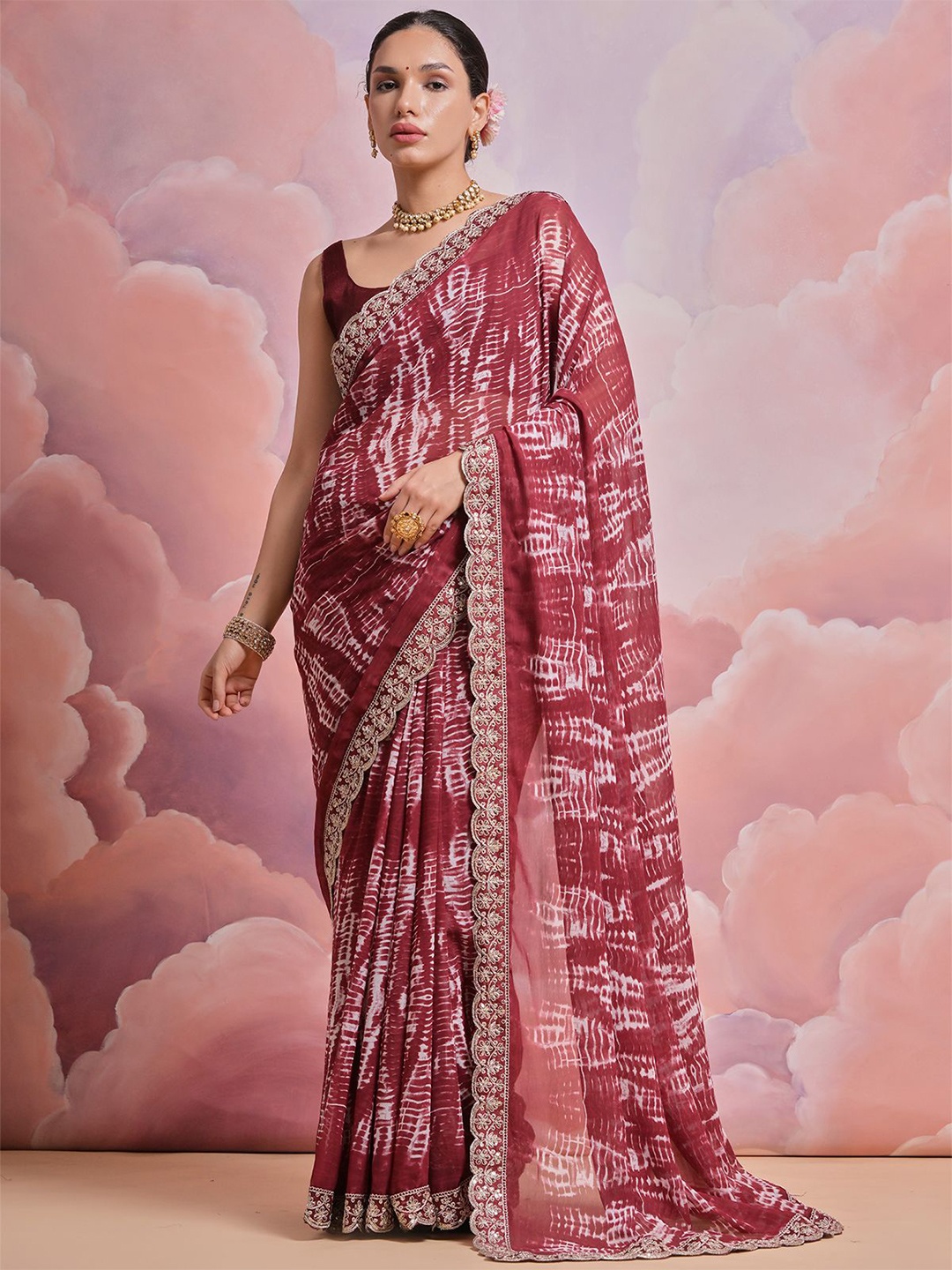 

ODETTE Sequinned Poly Georgette Saree, Maroon