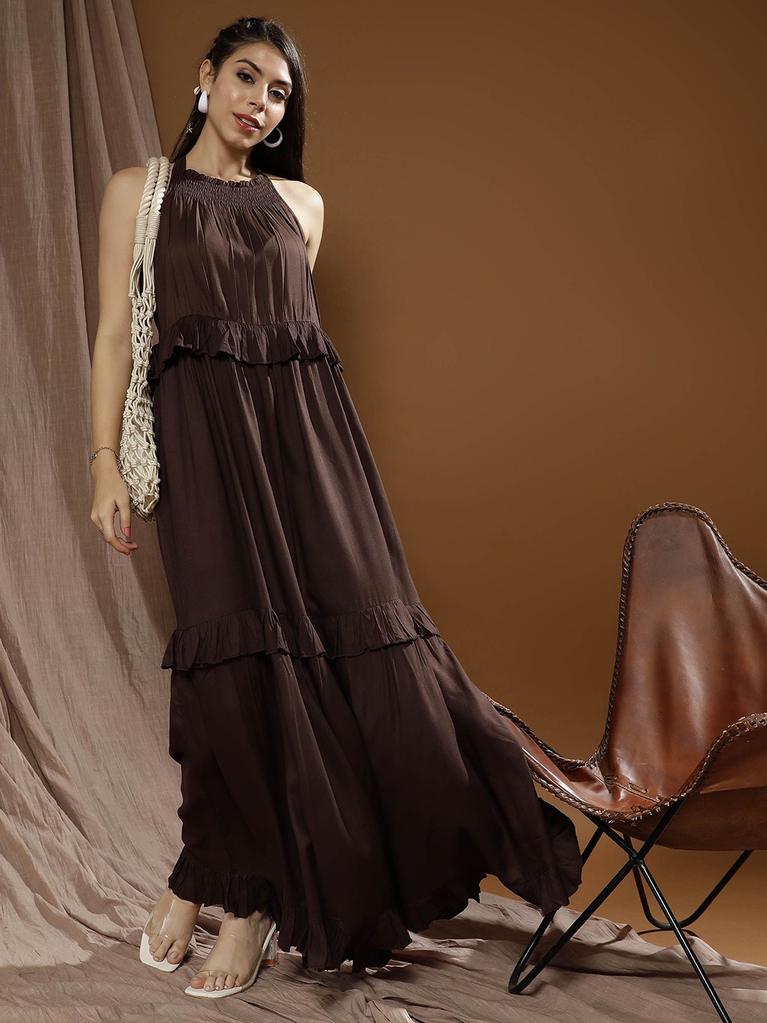 

Boho By Athena Women Bohemian Halter Neck Maxi Dress, Brown