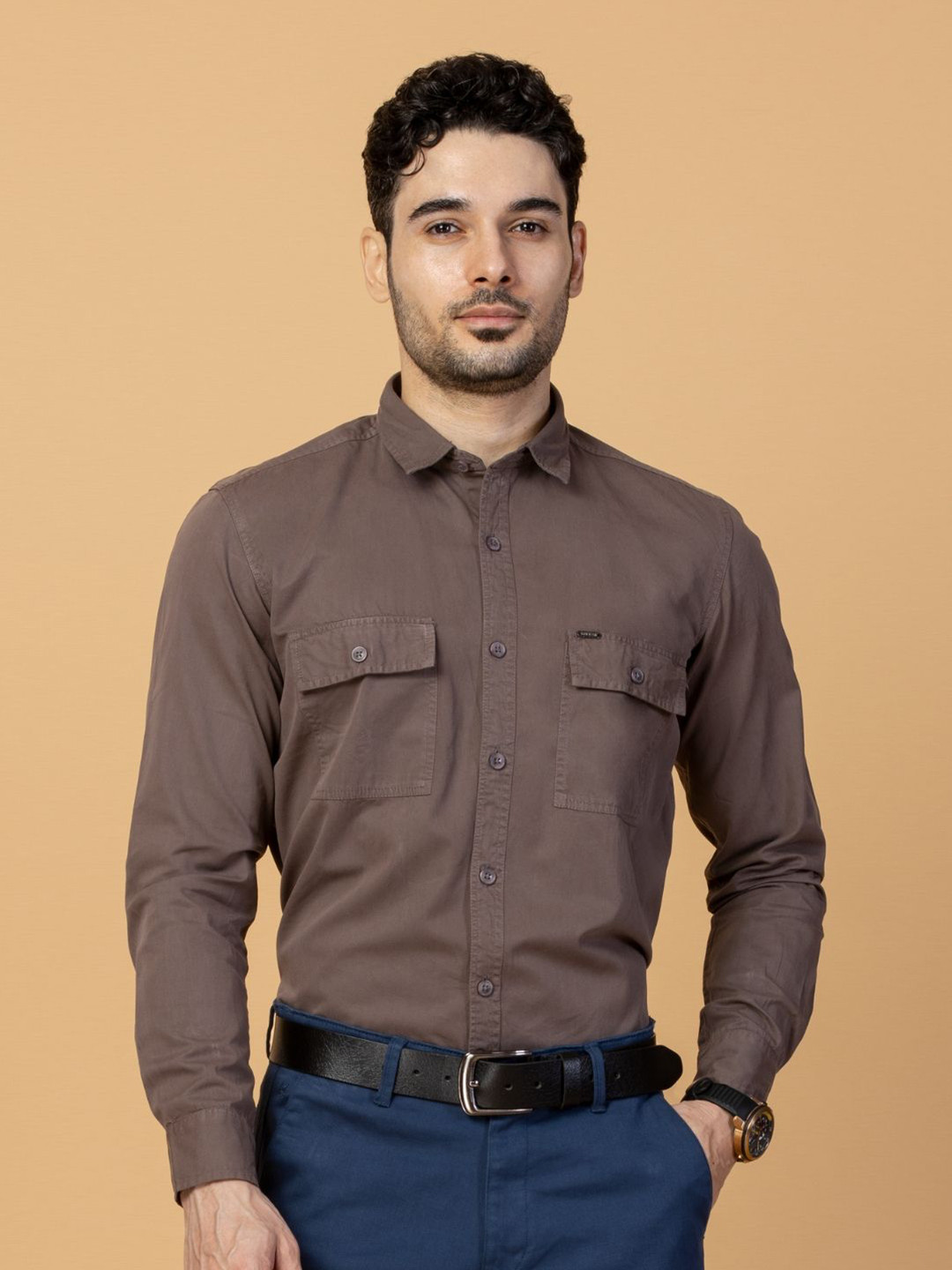 

USMC Men Smart Spread Collar Solid Cotton Slim Fit Casual Shirt, Green