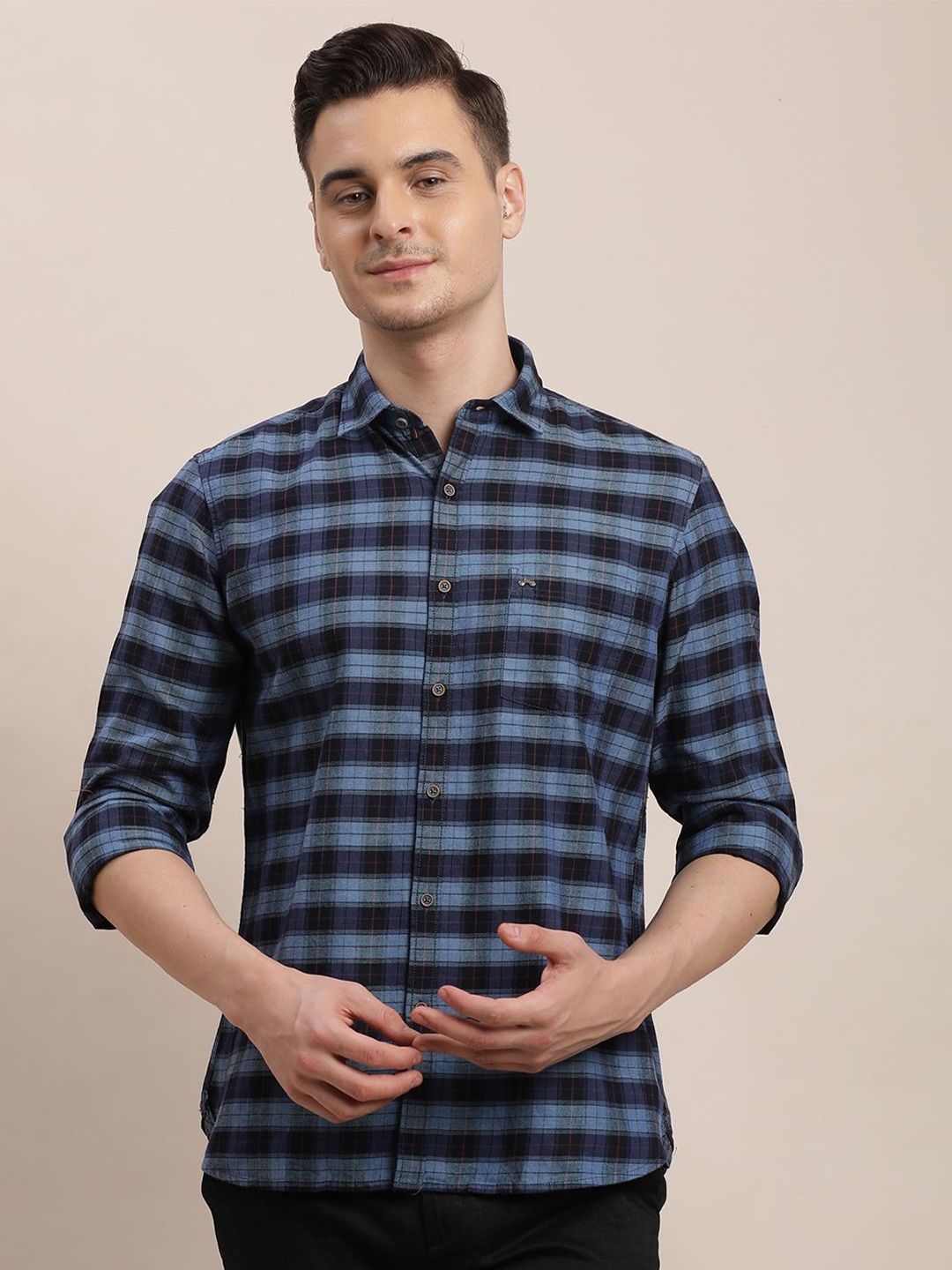 

Turtle Men Relaxed Spread Collar Tartan Checked Cotton Slim Fit Casual Shirt, Navy blue