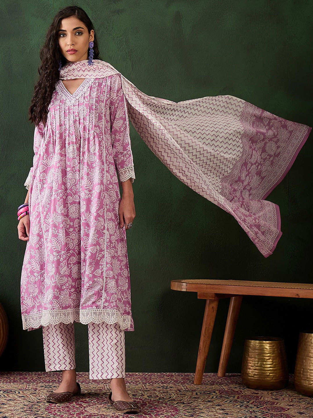 

Sangria Floral Printed Mirror Work Pure Cotton A Line Kurta & Trousers With Dupatta, Lavender