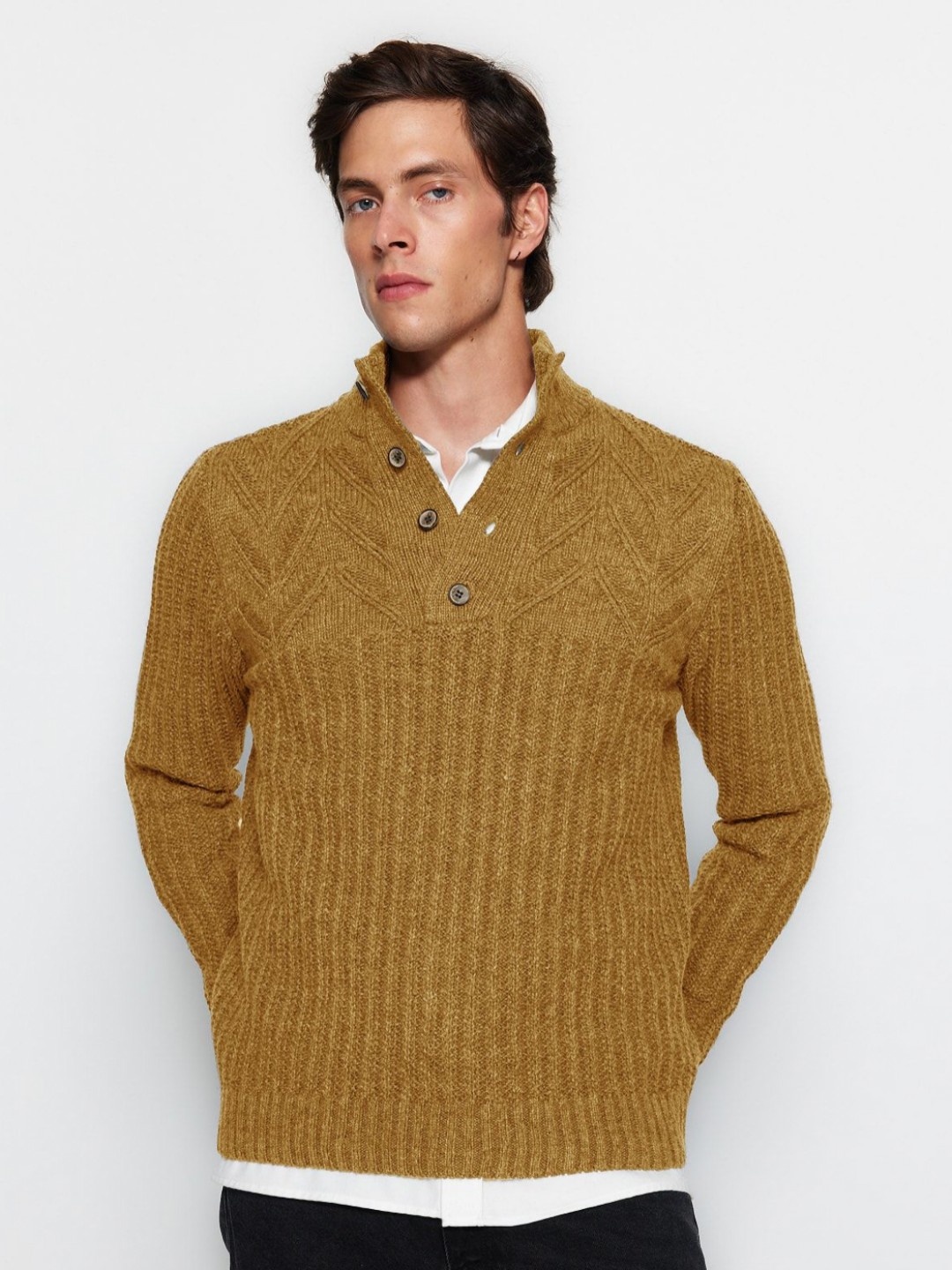 

Trendyol Men Self Design Polo Collar T-Shirt, Camel brown
