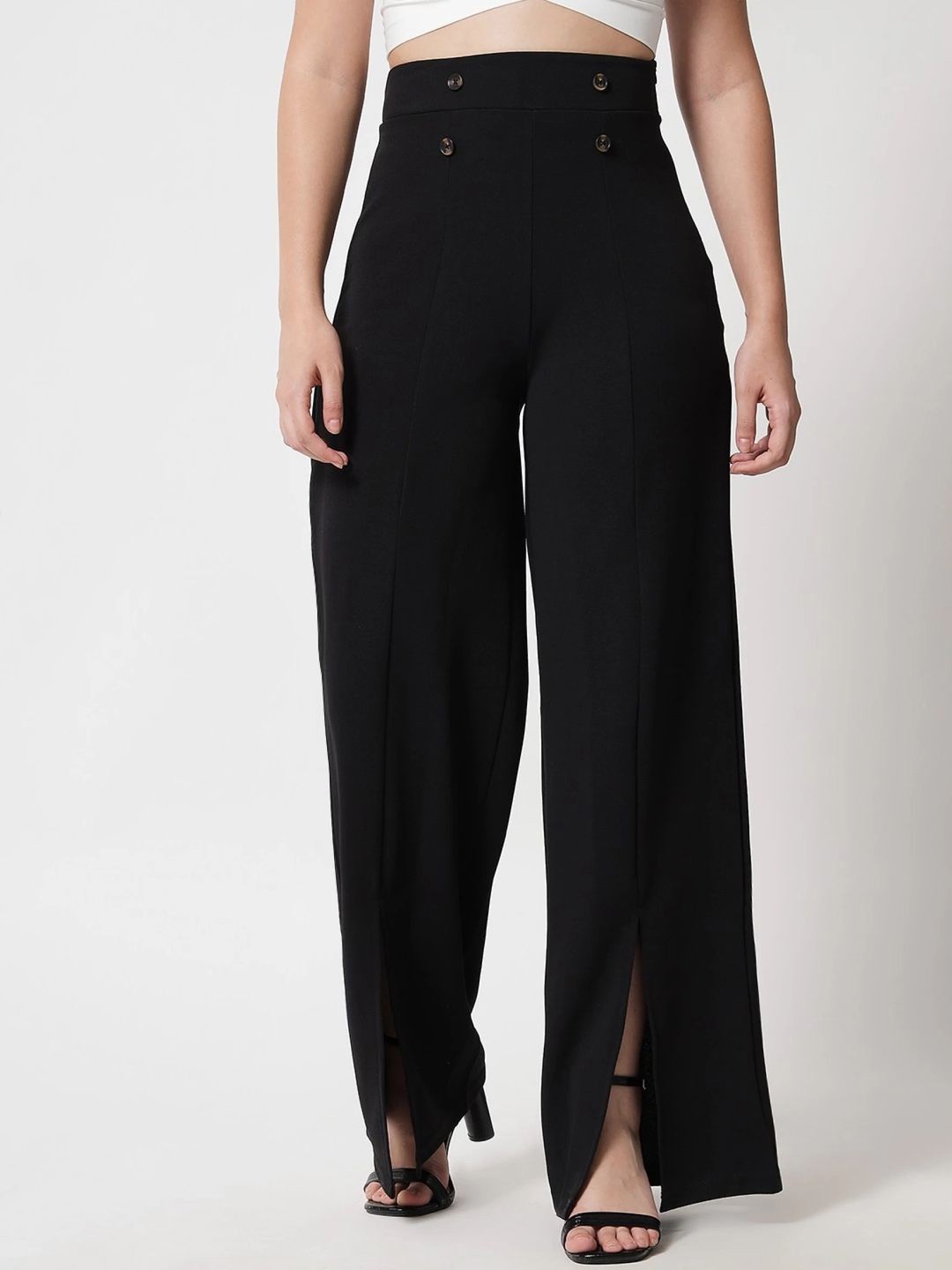 

BUY NEW TREND Women Relaxed Straight Fit High-Rise Trousers, Black