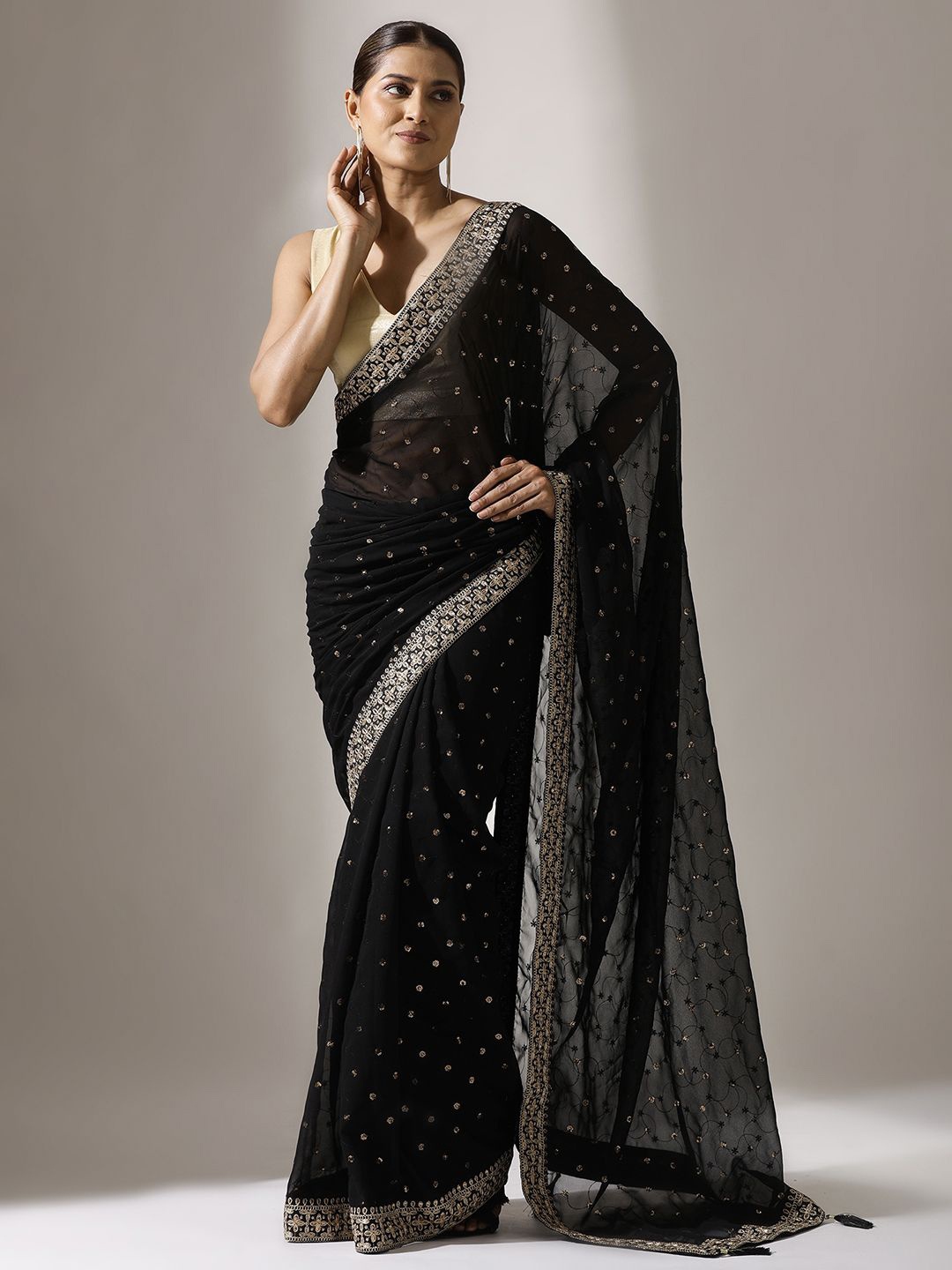 

Qahal Embellished Embroidered Pure Georgette Saree, Black