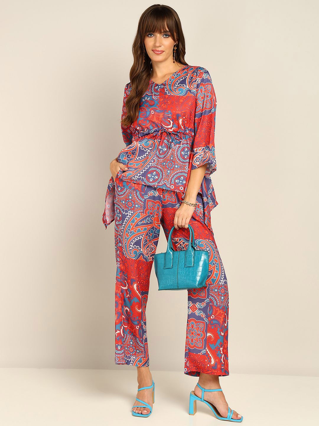 

Murcia Ethnic Motifs Printed V-Neck Top With Trousers, Red