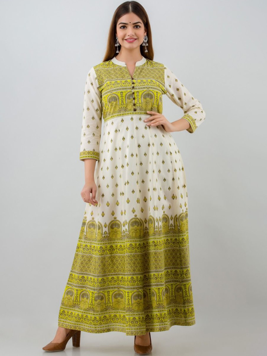 

SHANEXPO Ethnic Motifs Printed Mandarin Collar Kurta, Green