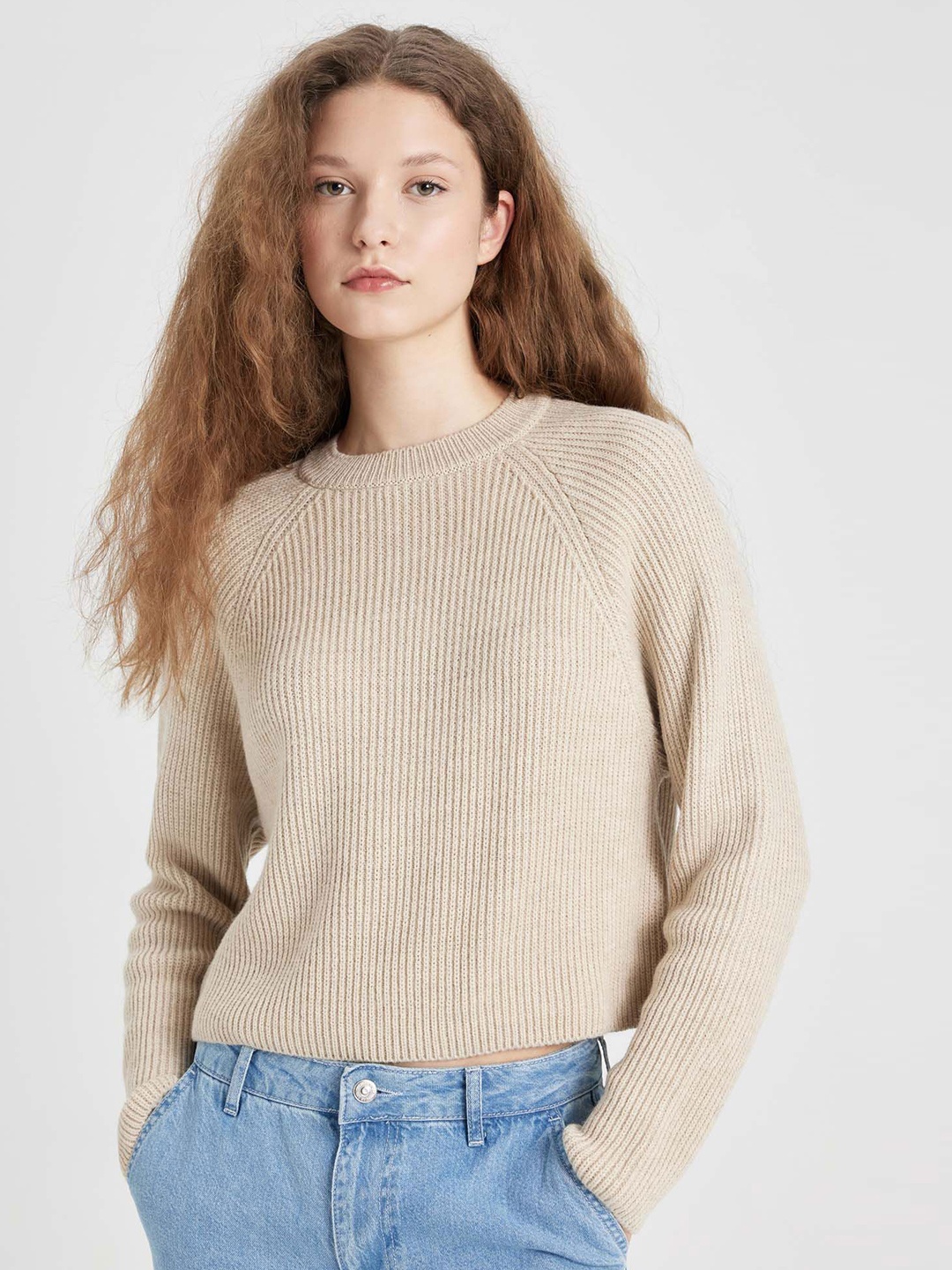 

DeFacto Women Ribbed Pullover, Beige