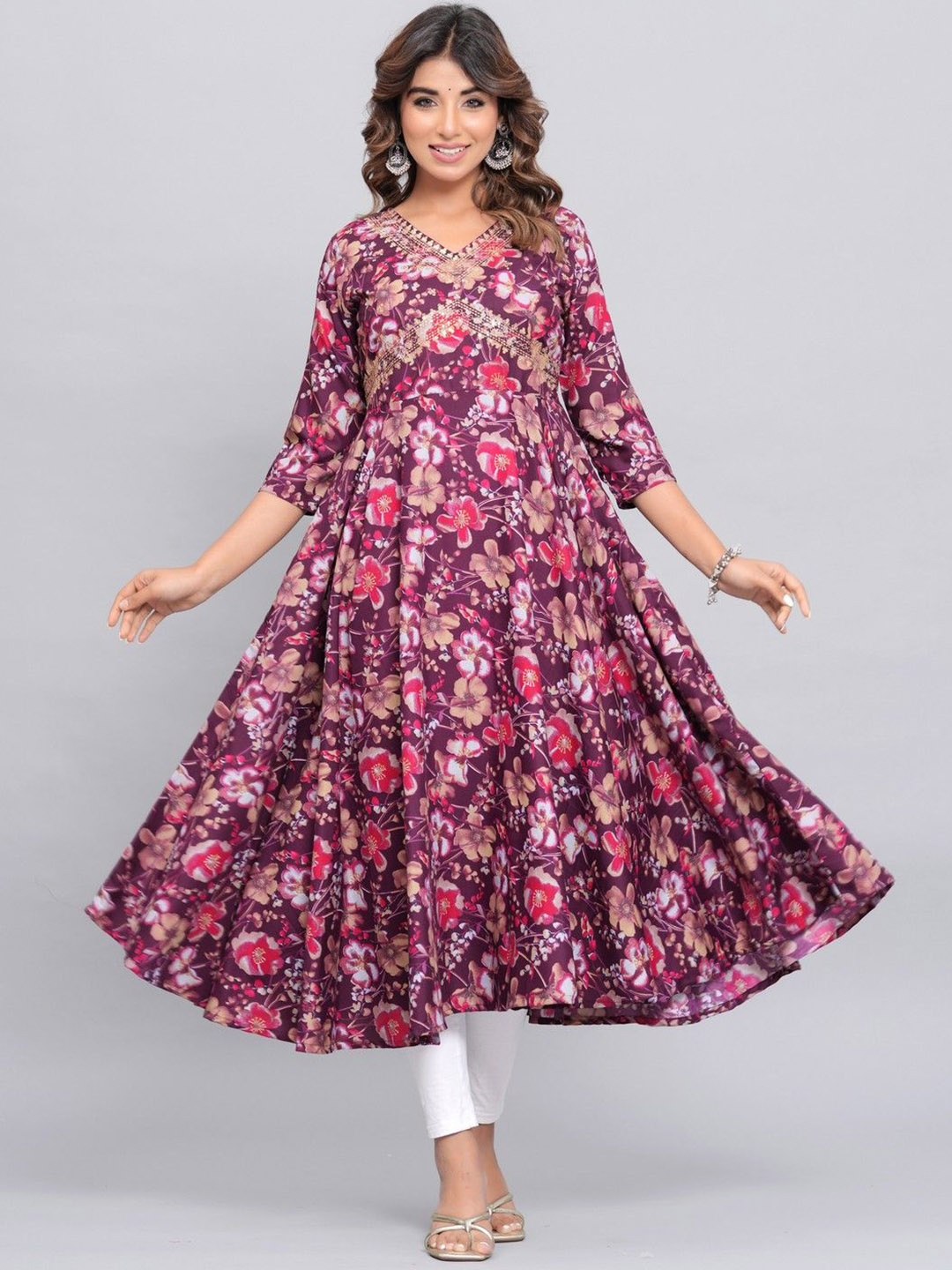 

OKD Empires Floral Printed V-Neck Sequinned A-Line Kurta, Purple
