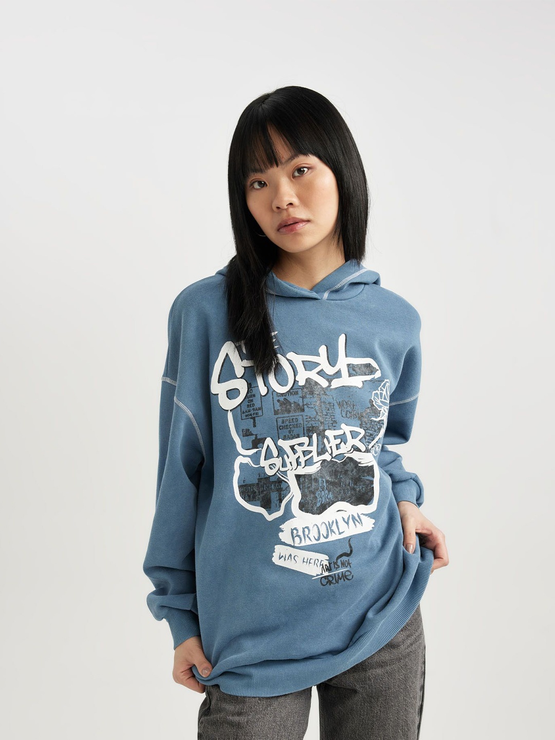 

DeFacto Women Typography Printed Pullover, Blue