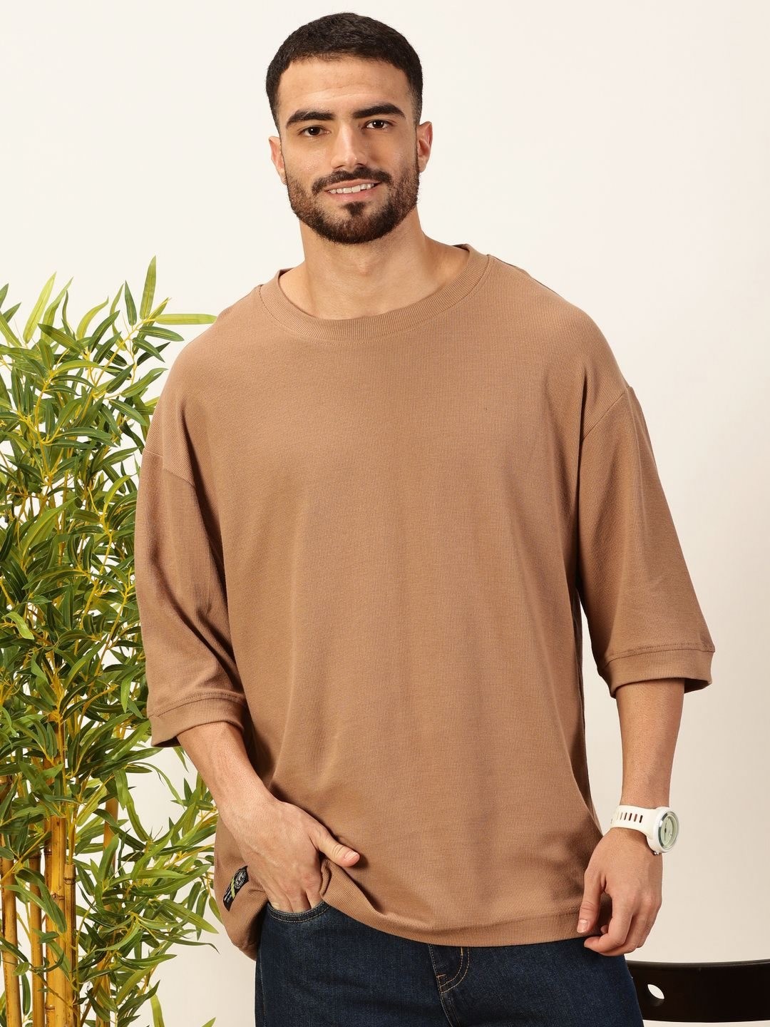 

THE HOLLANDER Men Solid Round Neck Cotton Oversized T-Shirt, Beige