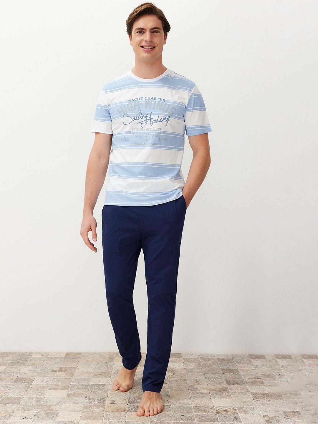 

Trendyol Men Striped Night suit, Blue