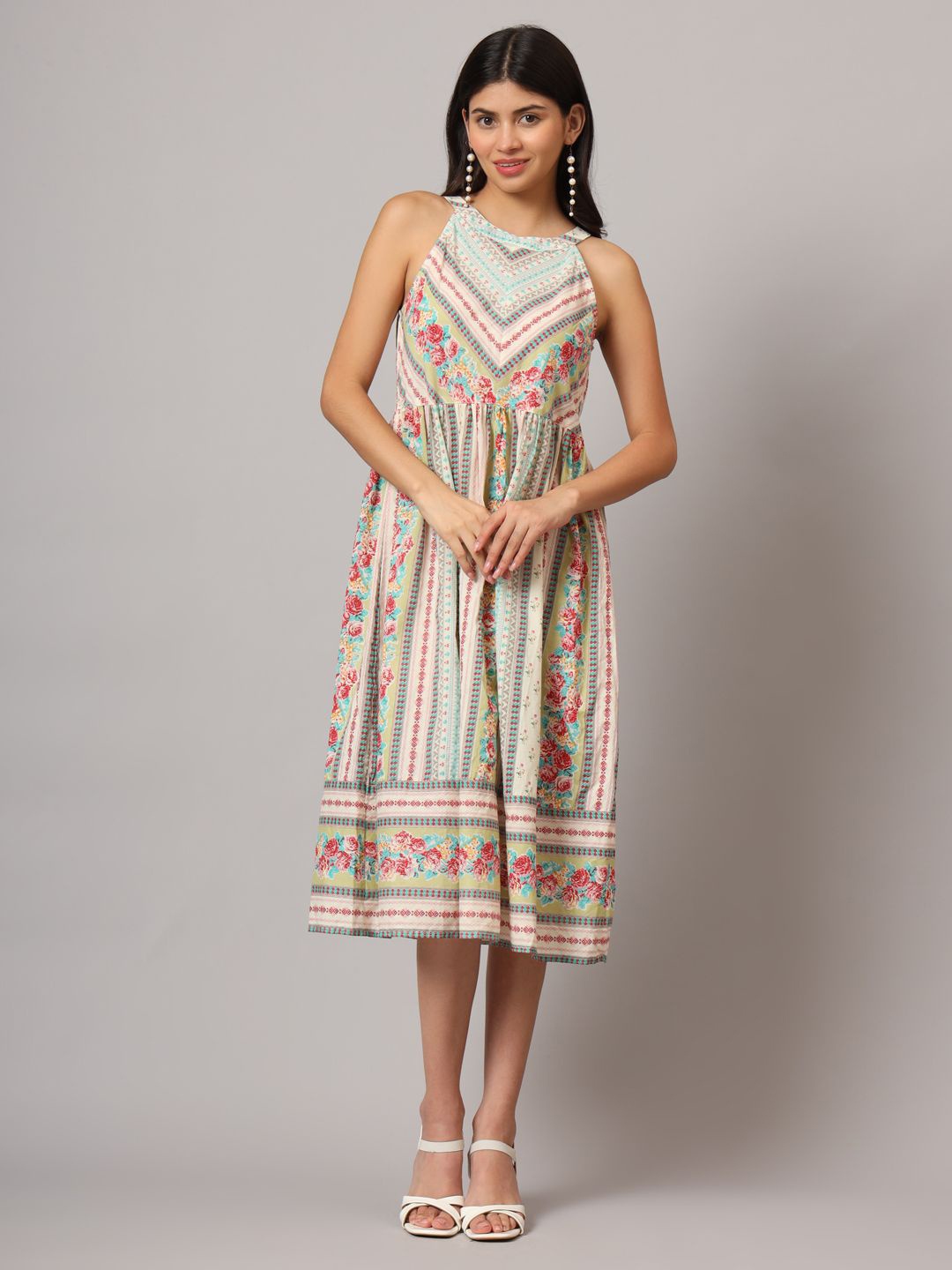 

FABRIC FITOOR Floral Print Halter Neck A-Line Dress, Cream