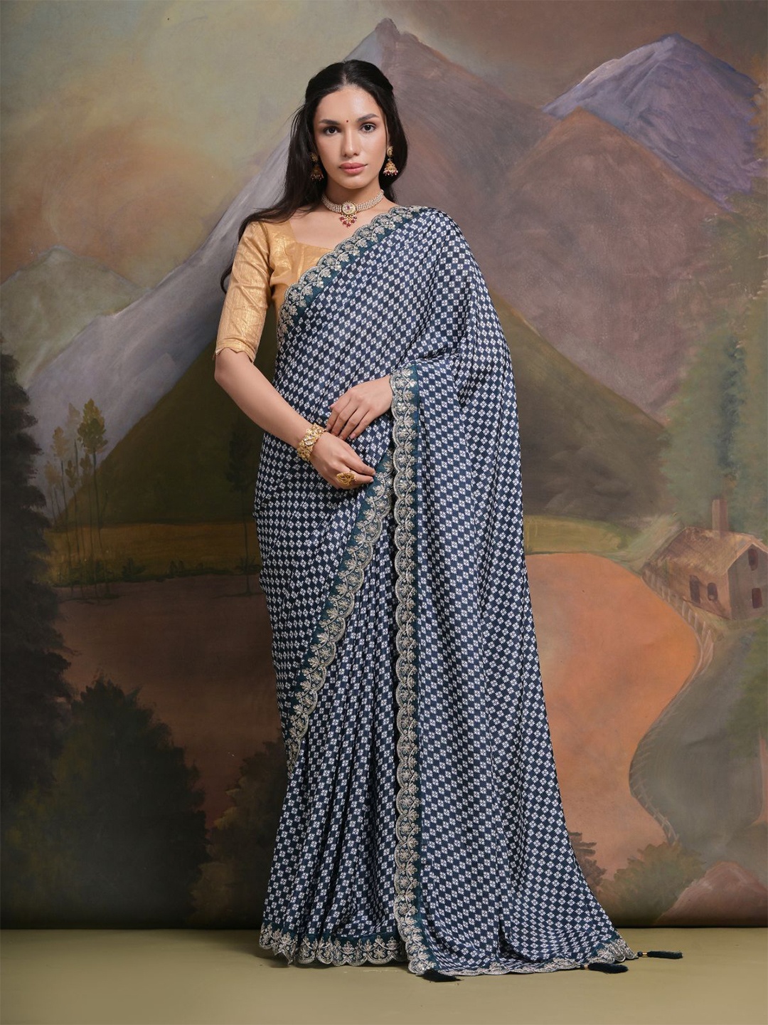 

ODETTE Ethnic Motifs Printed Saree With Blouse Piece, Blue