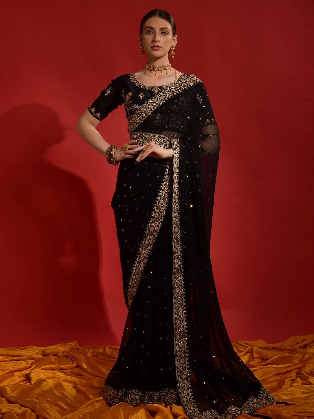 

ODETTE Sequinned Embellished Embroidered Belted Saree, Black