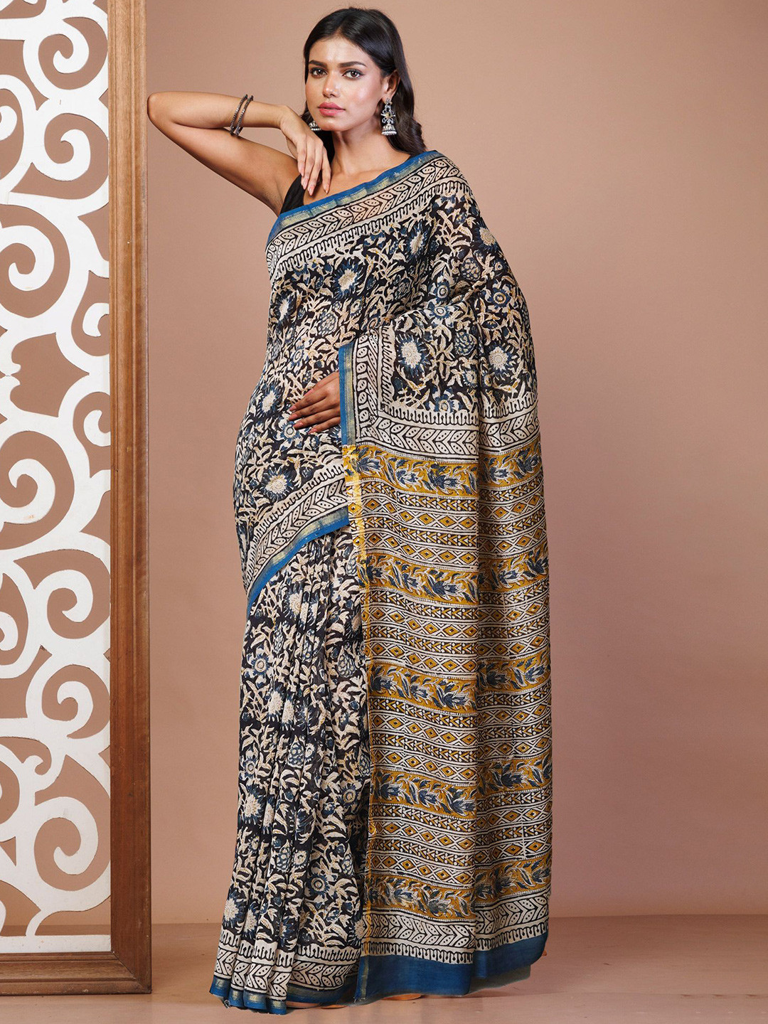 

Unnati Silks Kalamkari printed Handloom Chanderi Saree, Black